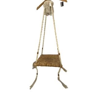 VTG Macrame Plant Hanger Wood Shelf Home Decor Plant Stand Boho Rope